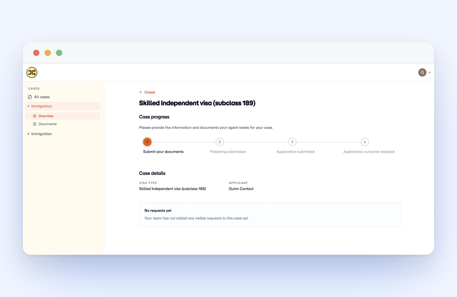 Client portal case overview for a Skilled Independent visa, showing a four-step progress tracker, case details with visa type and applicant name, and a panel noting no document requests yet.