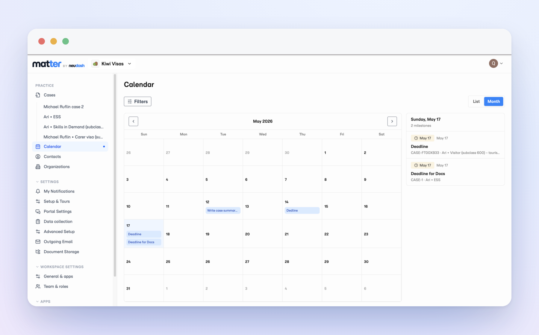 Matter agent portal calendar showing case milestones and deadlines across the practice.