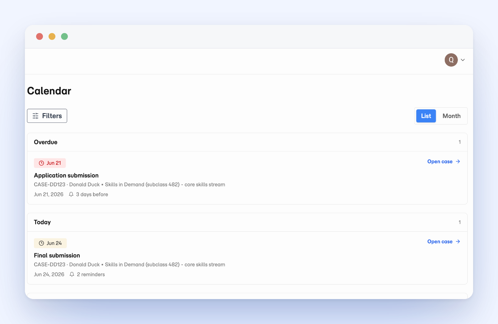 Case calendar in list view, showing deadlines grouped under Overdue, Today, and This week, each row with a due date, case reference, client name, reminder count, and an Open case link