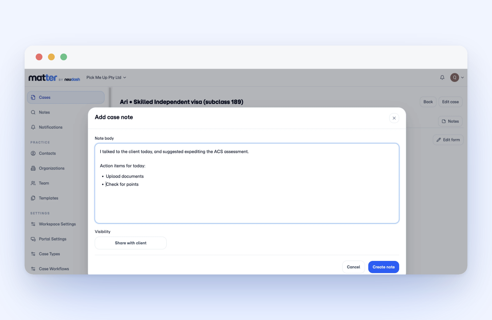 Matter add case note dialog with a note body field, a share with client visibility toggle, and a create note button.