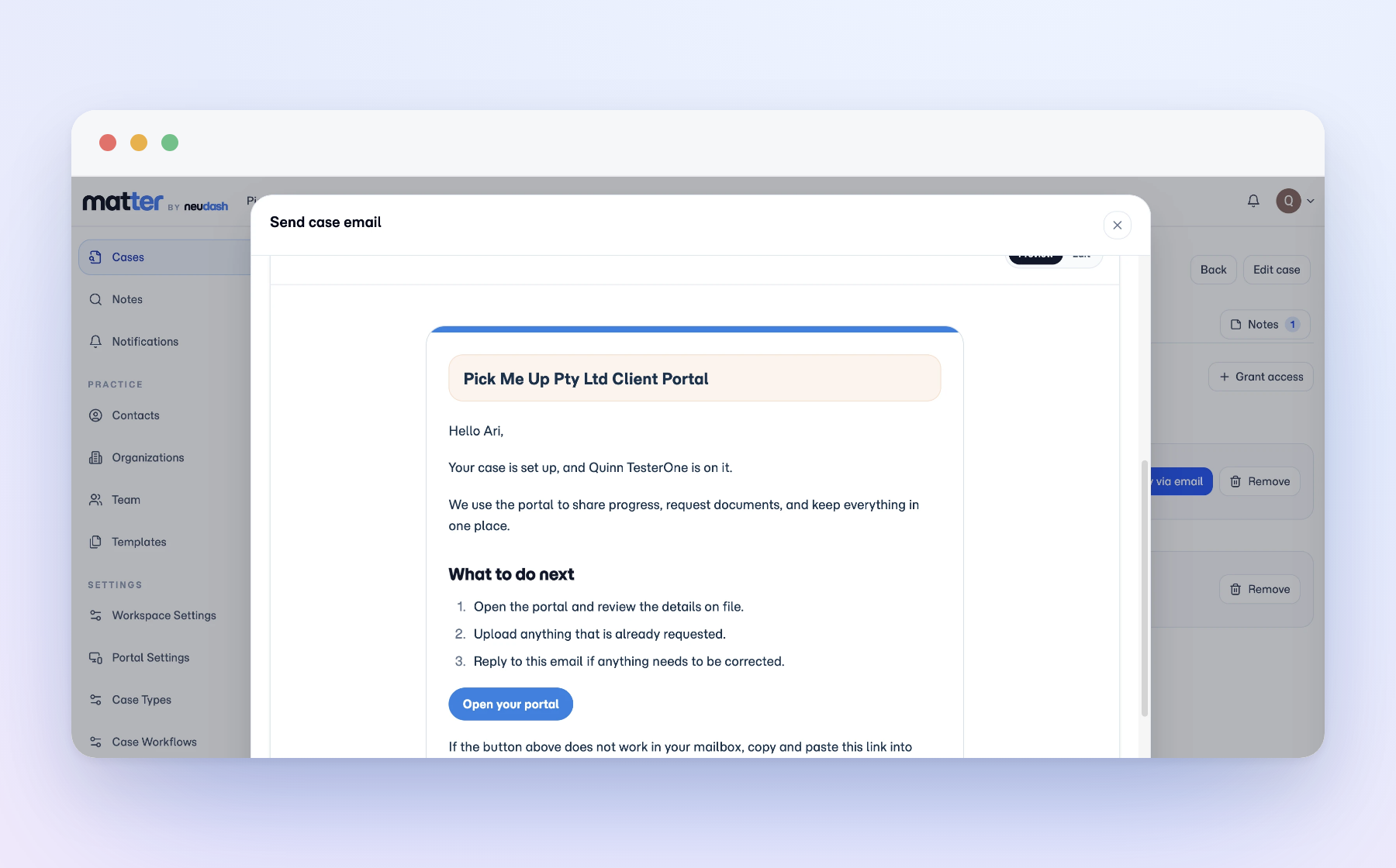 Matter send case email screen with a client portal welcome email draft.