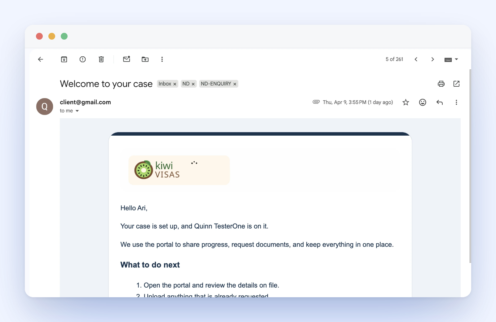 Branded case welcome email as it arrives in the client's inbox, with a portal access button.