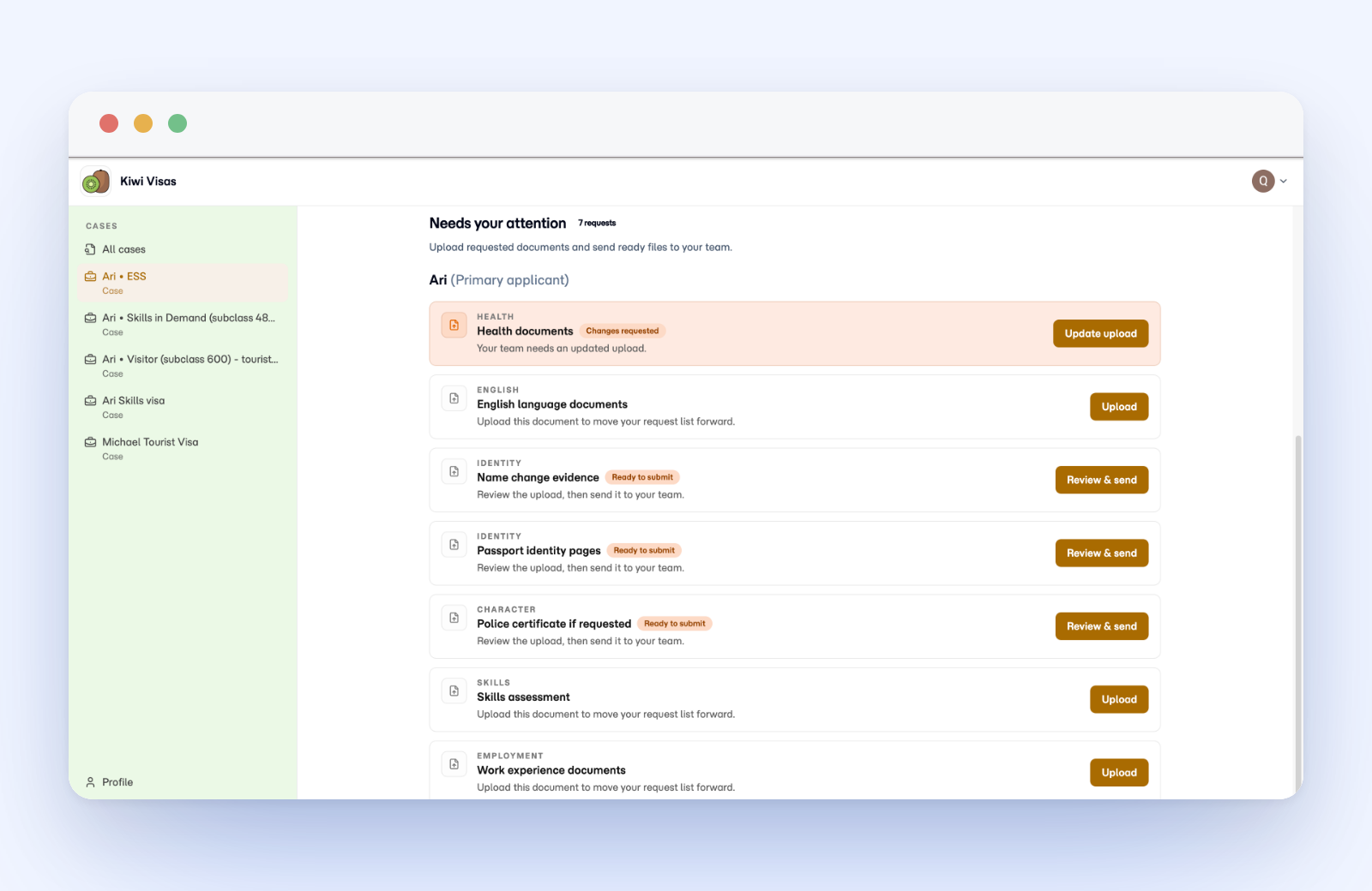 Client portal Needs your attention list showing requested documents grouped by category, each with an upload or review and send action.