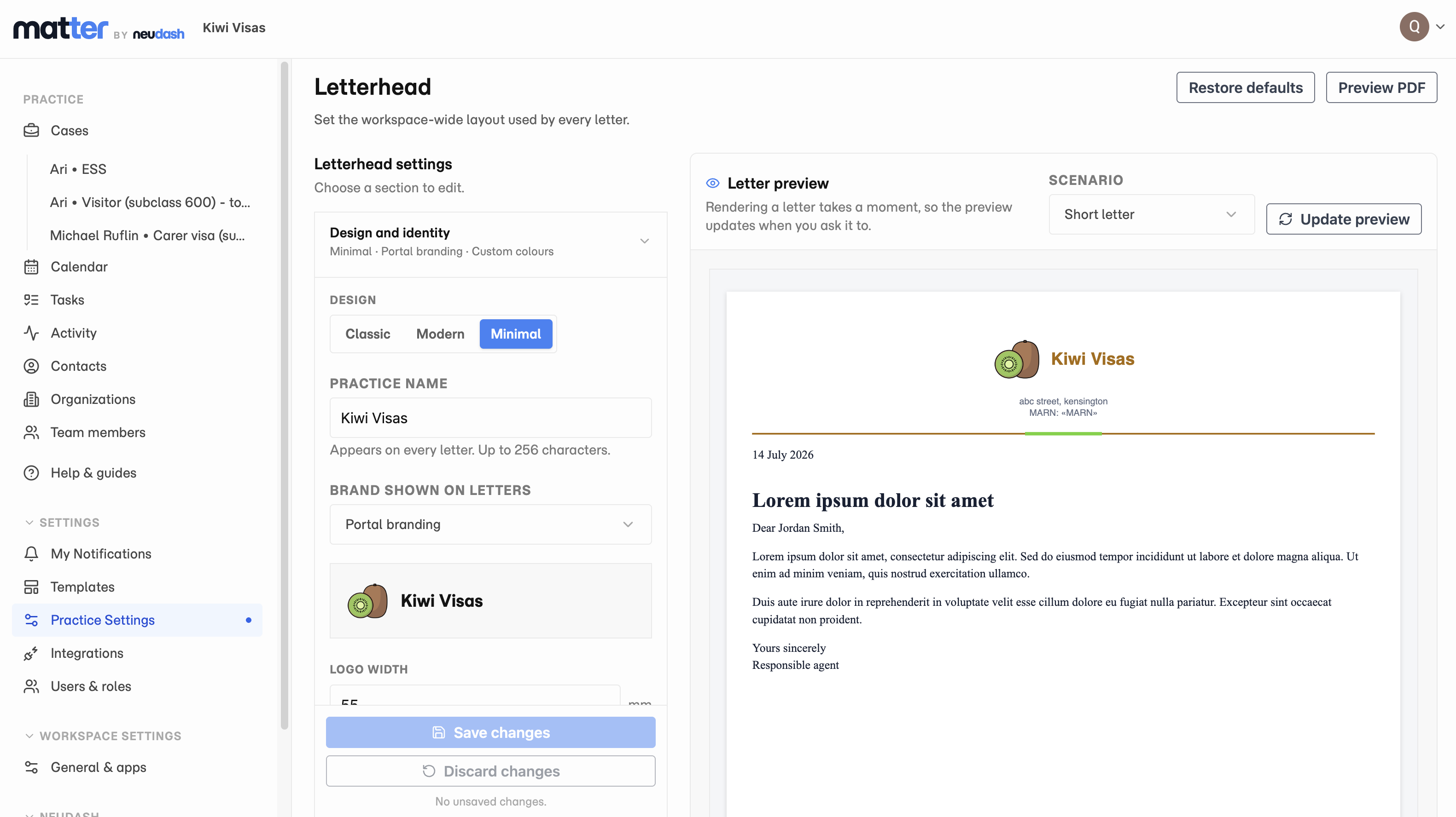 Matter letterhead settings, with the design presets and practice branding on the left and a live preview of the rendered letter on the right.