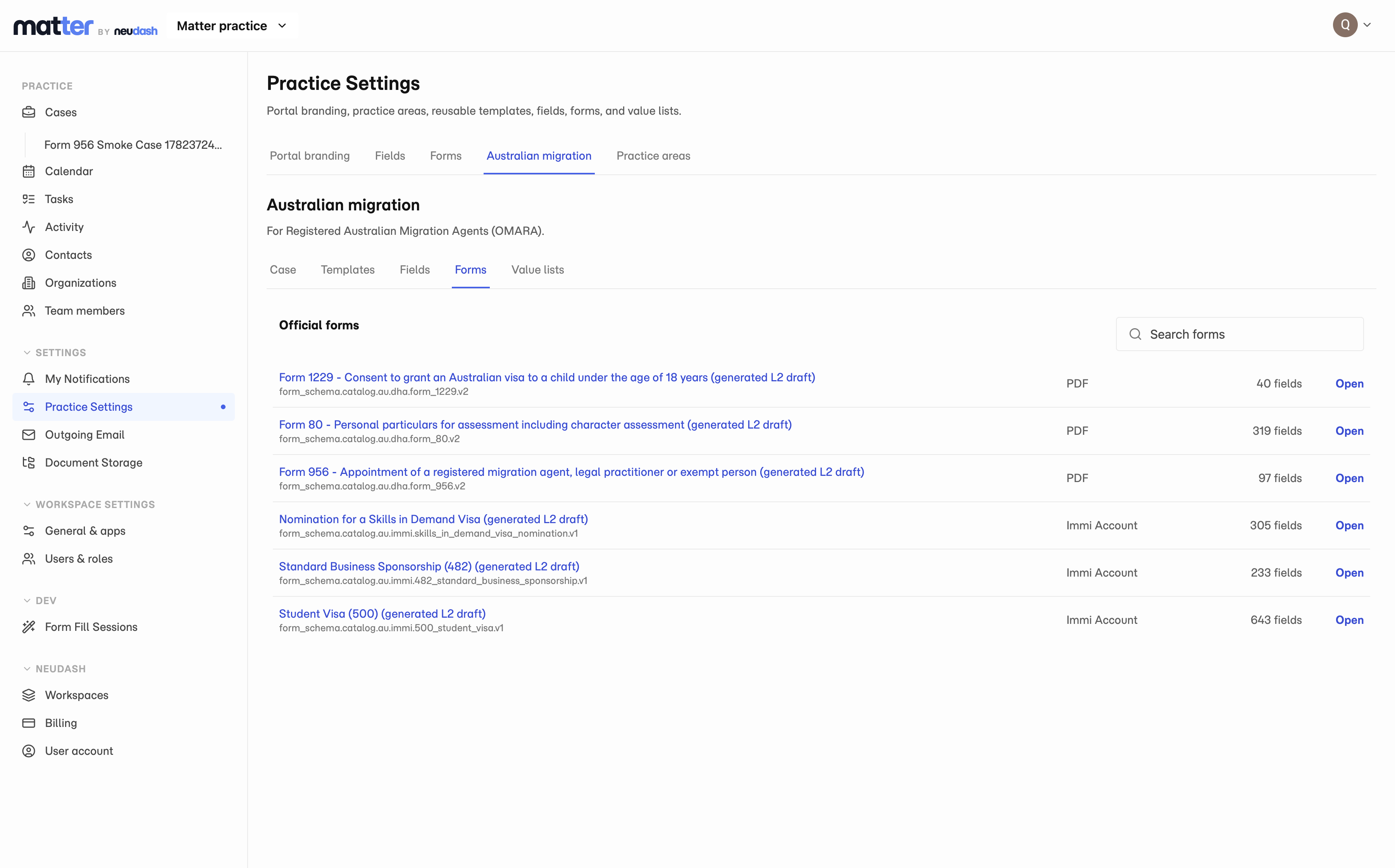 Matter Practice Settings official forms library showing Form 1229, Form 80, Form 956, and 482-related Australian migration forms.