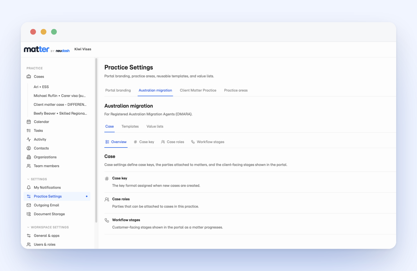 Practice Settings case tab showing case key, case roles, and workflow stages for a practice area.