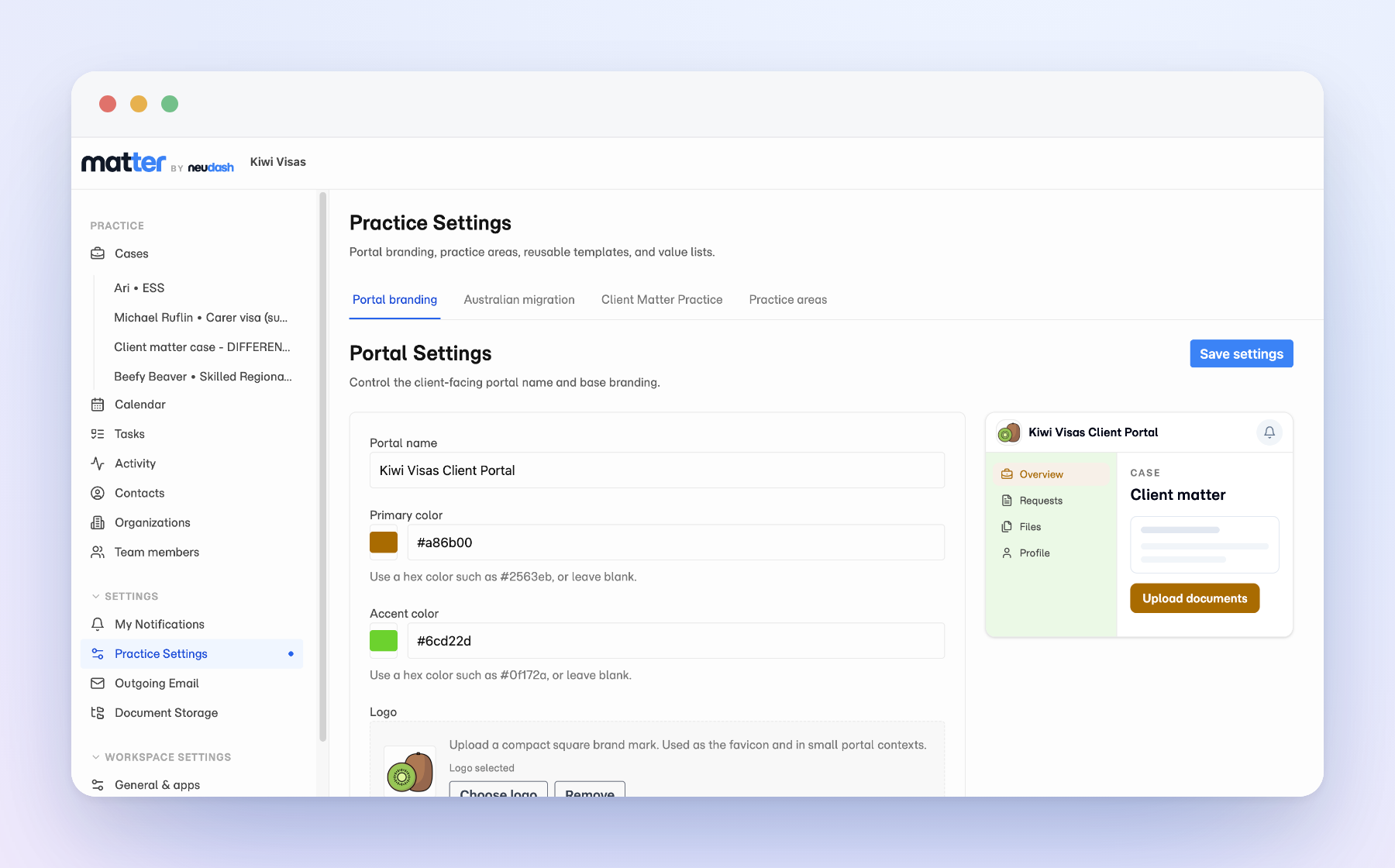 Matter Practice Settings showing portal branding with a live client portal preview.