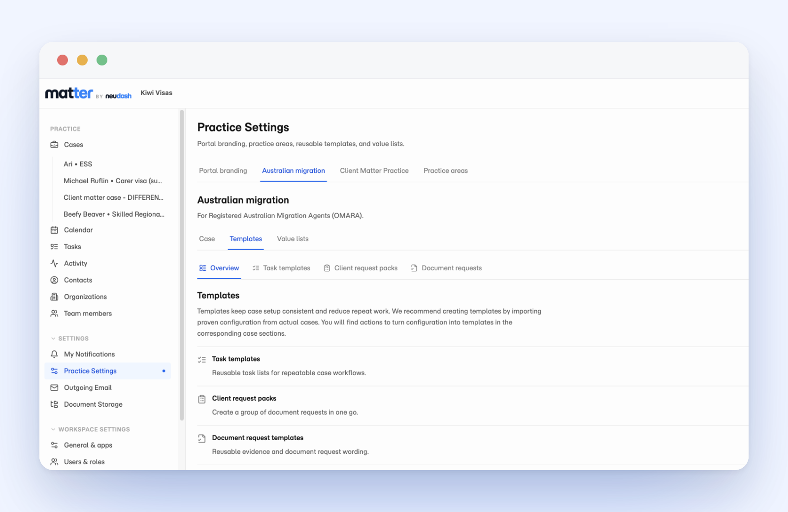 Practice Settings templates tab listing task templates, client request packs, and document request templates.