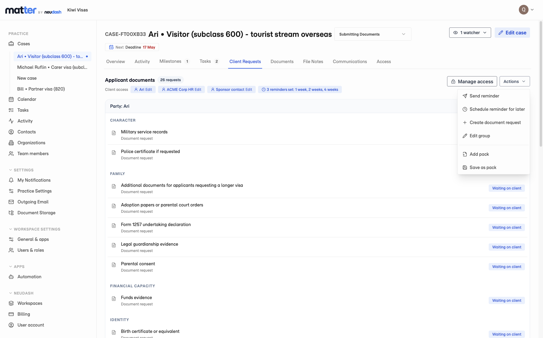Matter Client Requests tab with the document group Actions menu open and the Schedule reminder for later option visible.