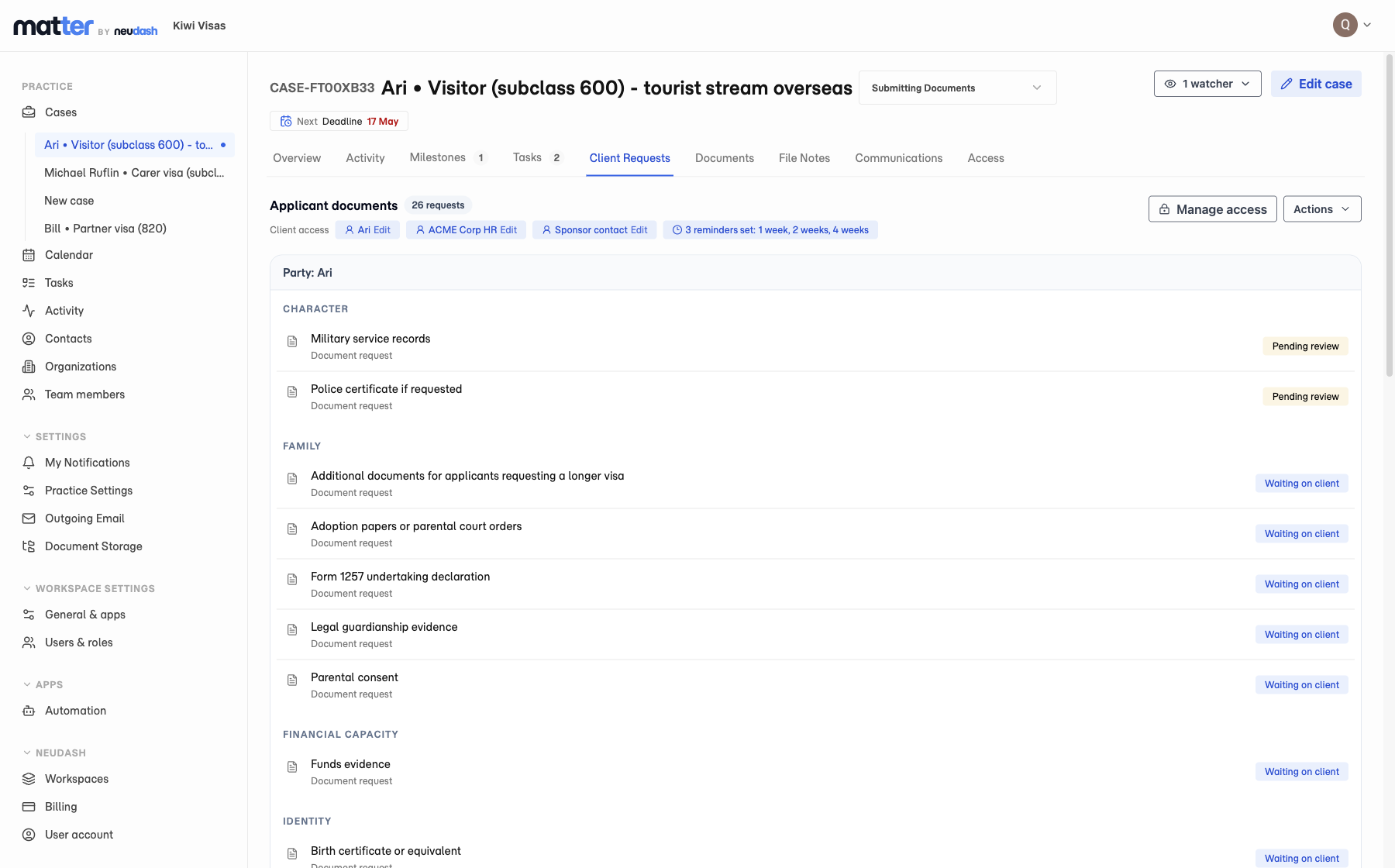 Matter Client Requests tab showing an applicant document group with three reminders set at 1 week, 2 weeks, and 4 weeks.