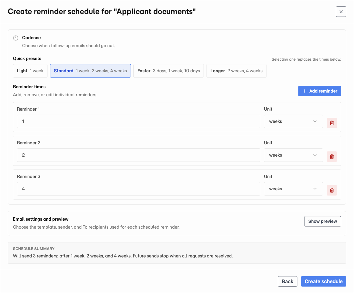 Create reminder schedule dialog in Matter, showing Light, Standard, Faster, and Longer presets, three reminder times, and a summary that future sends stop once all requests are resolved.