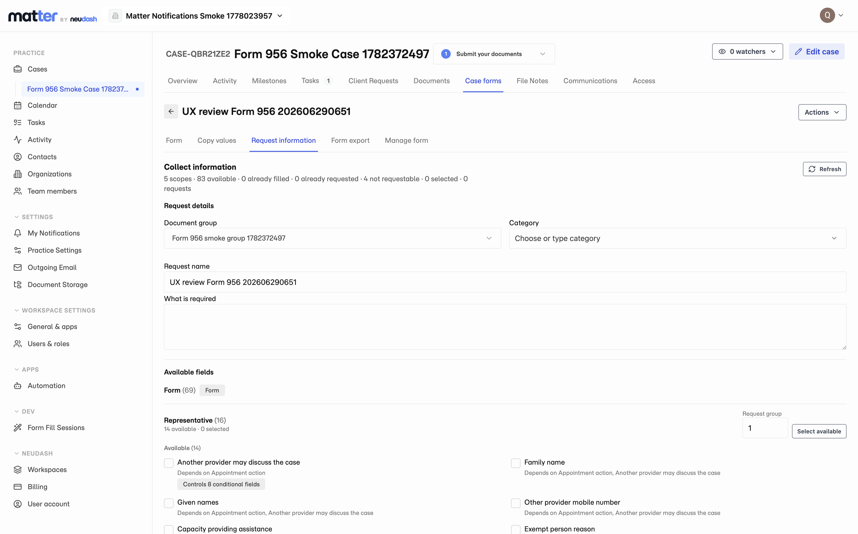 Matter Form 956 request information screen showing collectable fields that can be requested from a client.