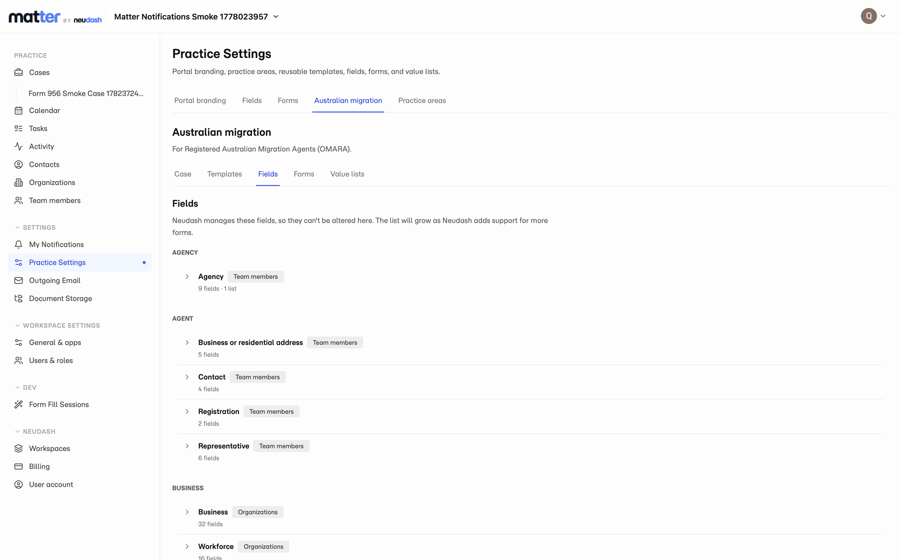 The Matter Practice Settings fields screen showing field groups defined for a practice.