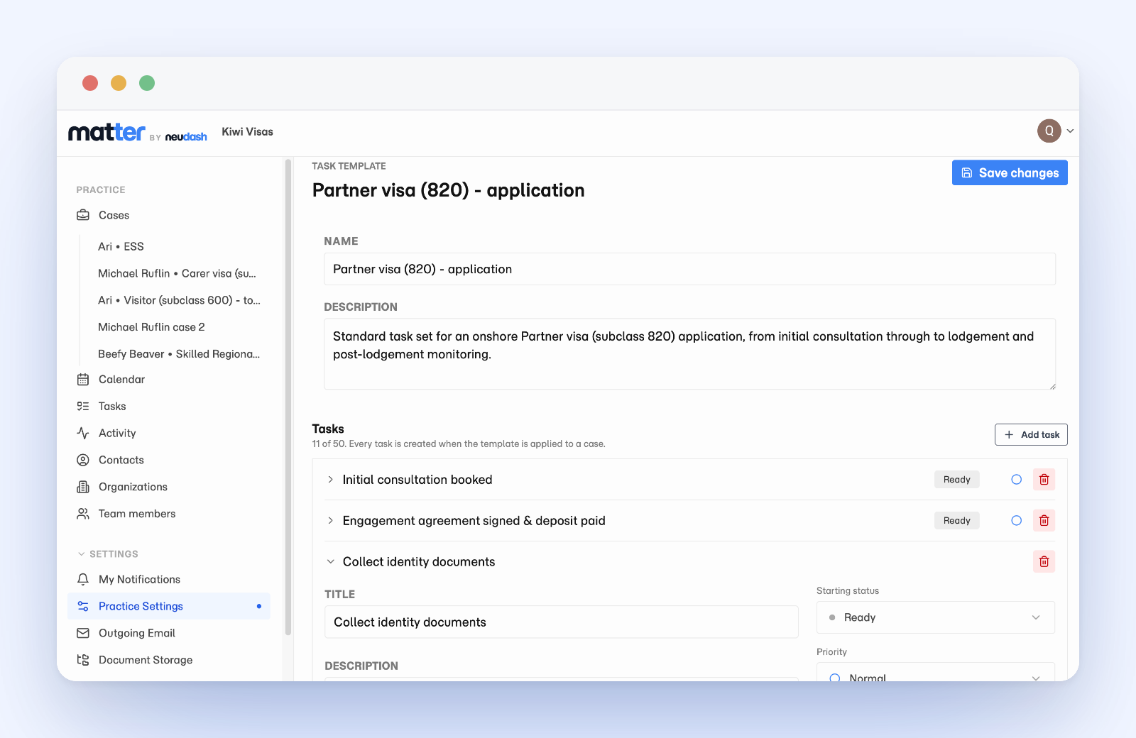 A single Matter task template open in Practice Settings, listing its tasks with starting status, priority, and default assignee for each step.