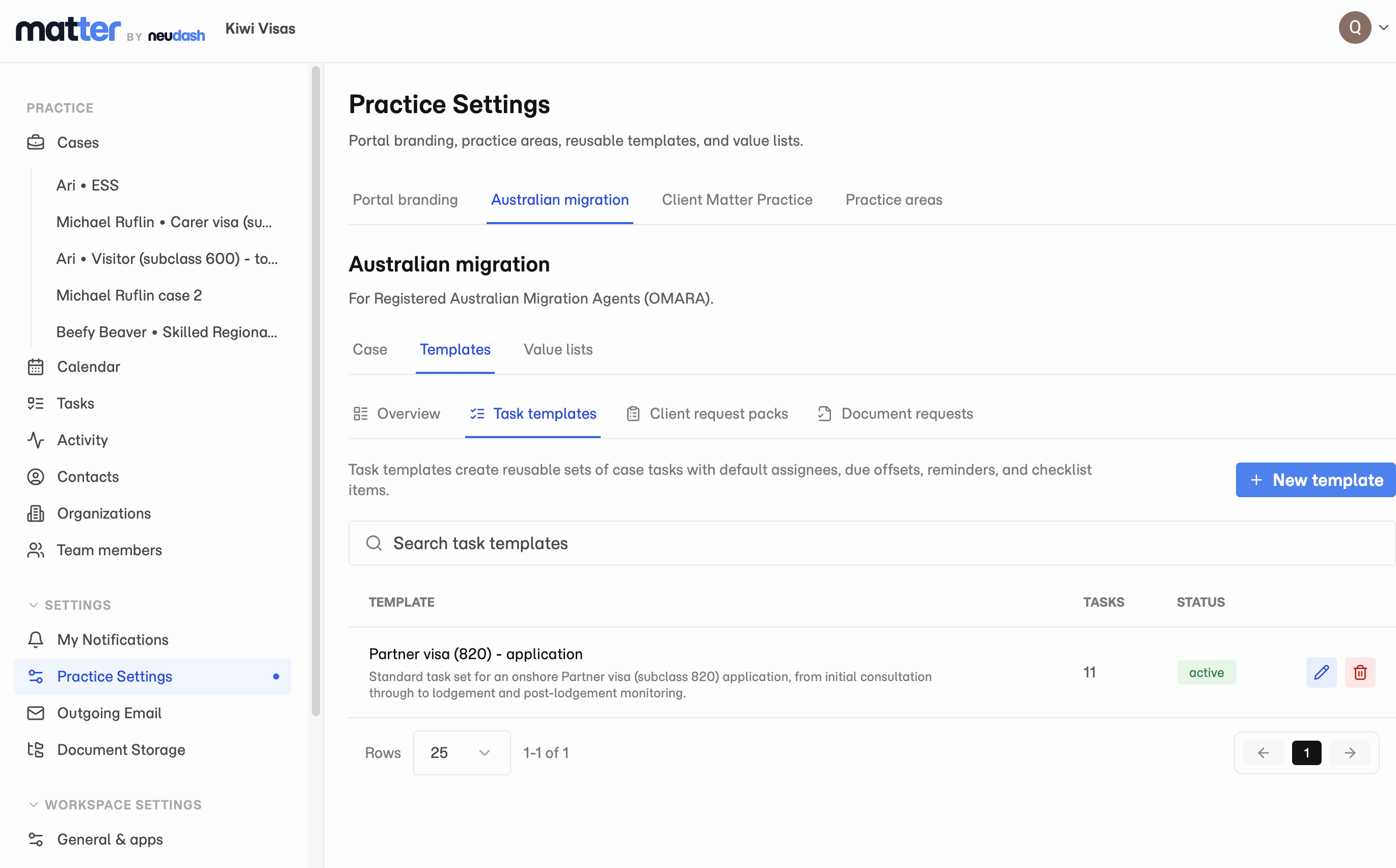 Matter task templates showing a reusable task set ready to apply to a case.