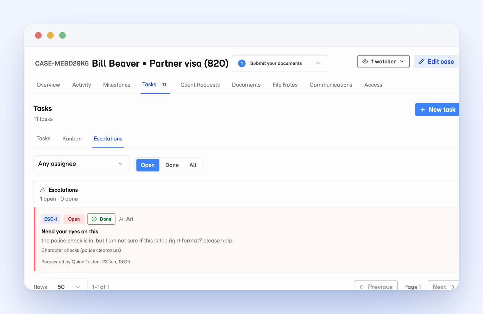 Matter case Escalations view showing an open escalation on a task with its note, assignee, and request time.