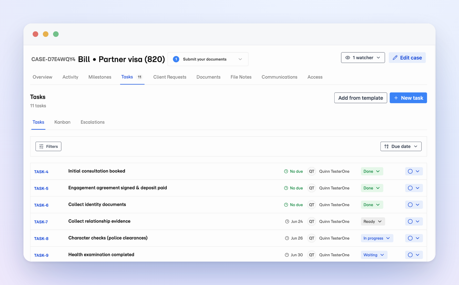 Matter case tasks list showing assigned tasks, statuses, due dates, and an escalation.