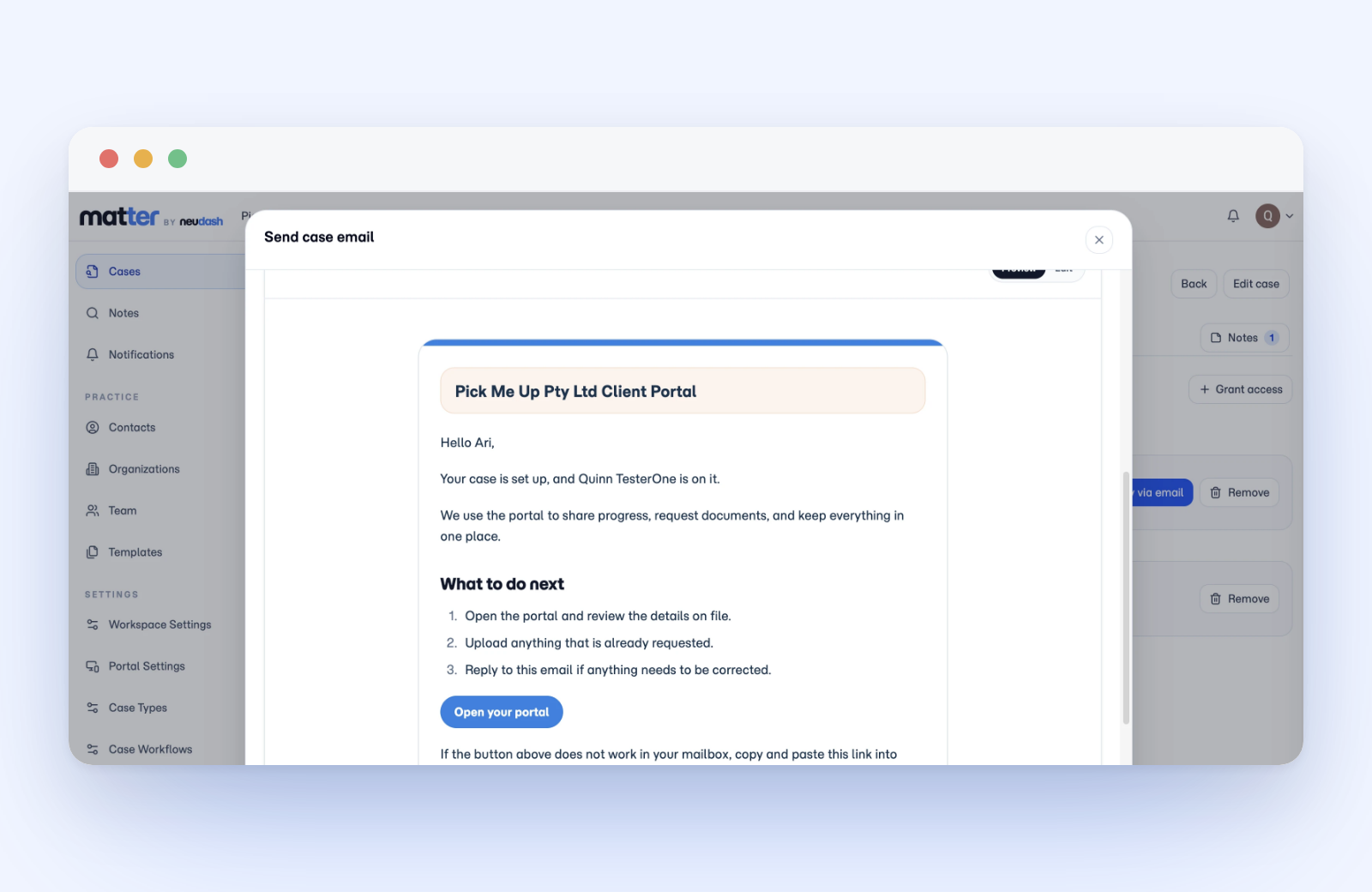 A Matter case with the client email thread open alongside the case details