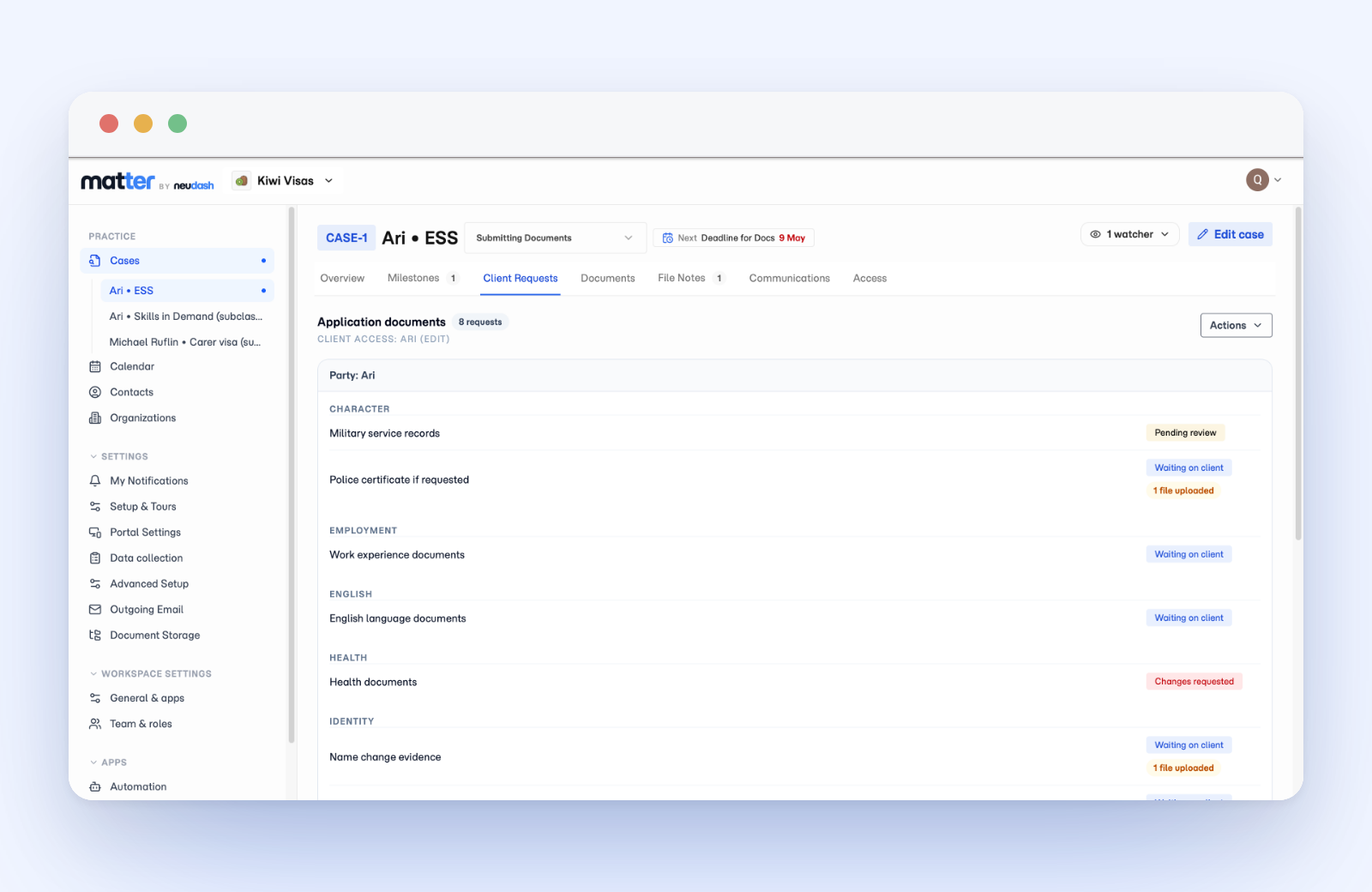 A Matter case open on the Documents tab, showing requested files and the upload status for each one
